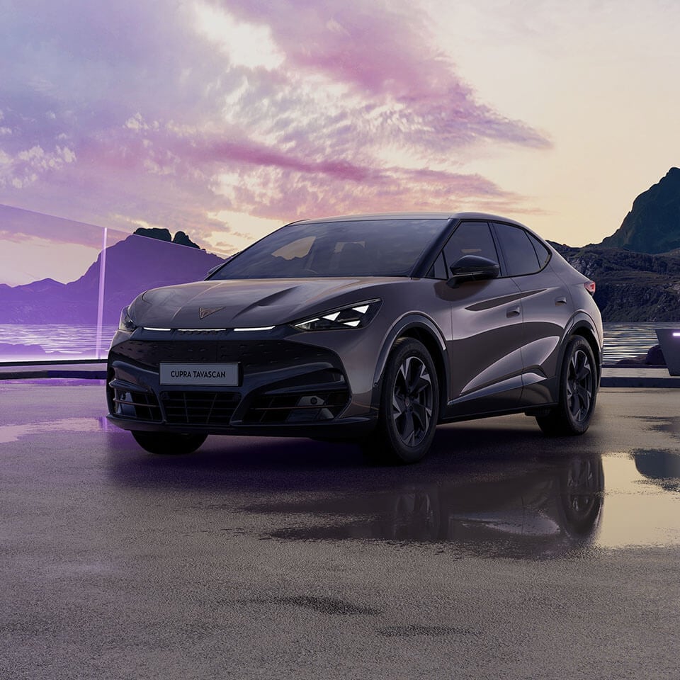 A CUPRA Tavascan located on a mountainous purple background