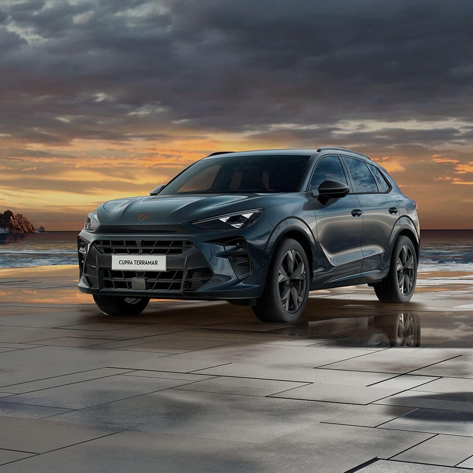 A CUPRA Terramar with colourful sunset in the backgroun