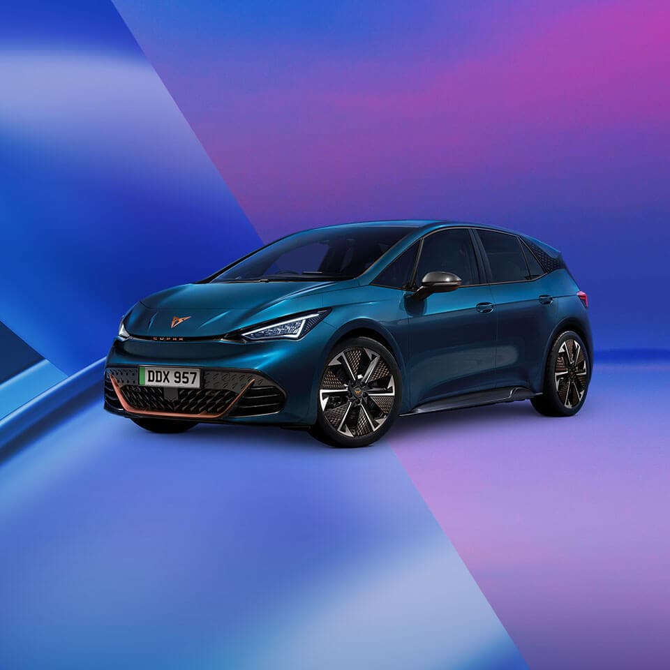 A CUPRA Born on a purple and blue background