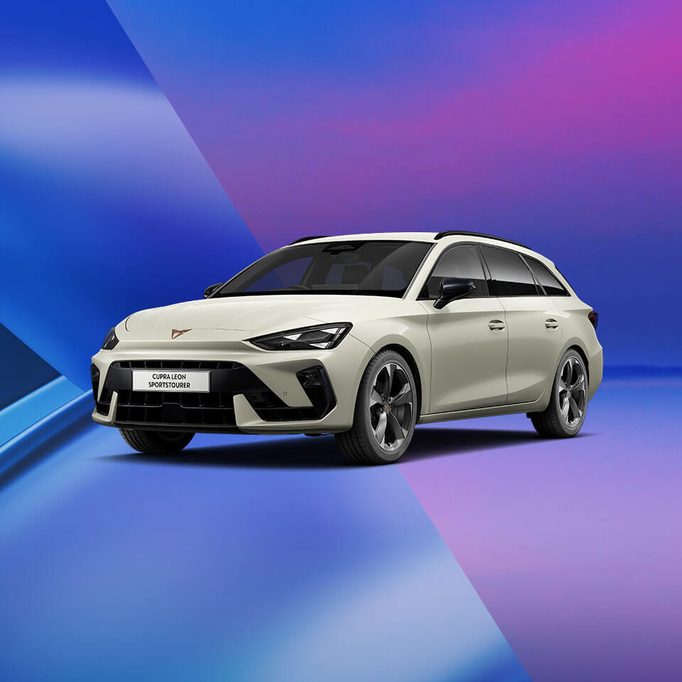 A CUPRA Leon Estate on a purple and blue background
