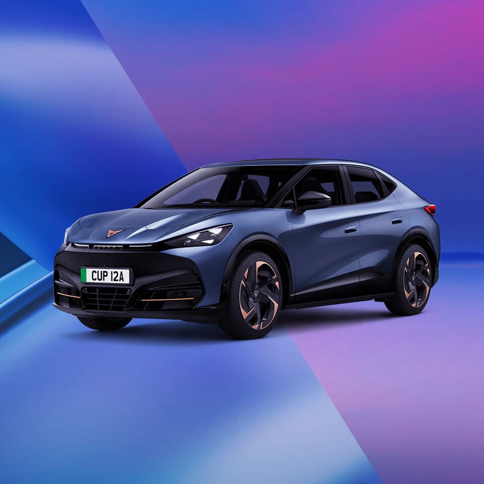 A CUPRA Tavascan on a blue and purple background