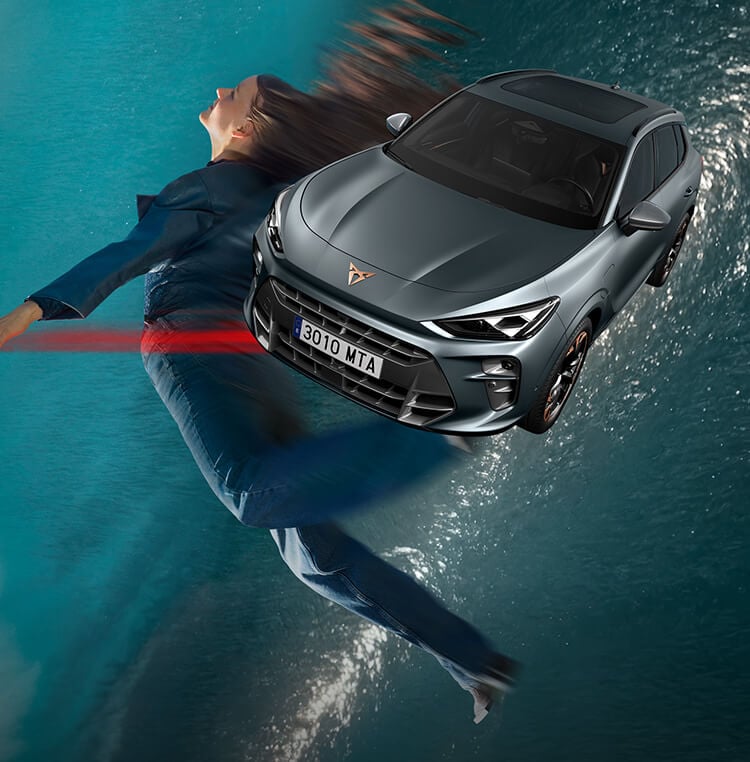 A graphic of a woman floating on water under an overlaid image of the CUPRA Terramar
