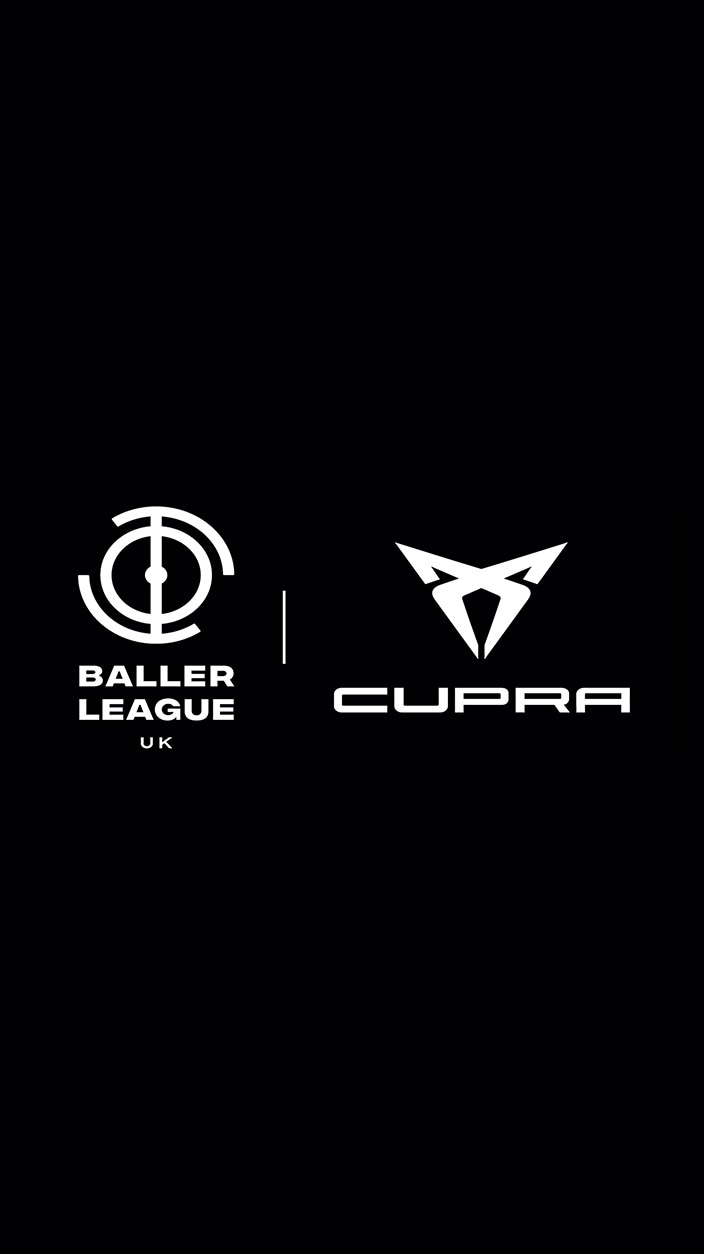 A white CUPRA logo and Baller League logo on a black background