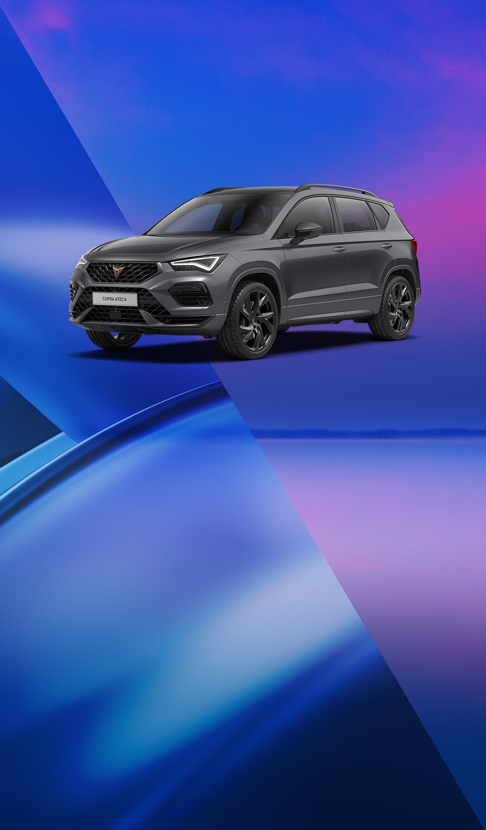 A CUPRA Ateca SUV on a blue, pink and purple abstract background