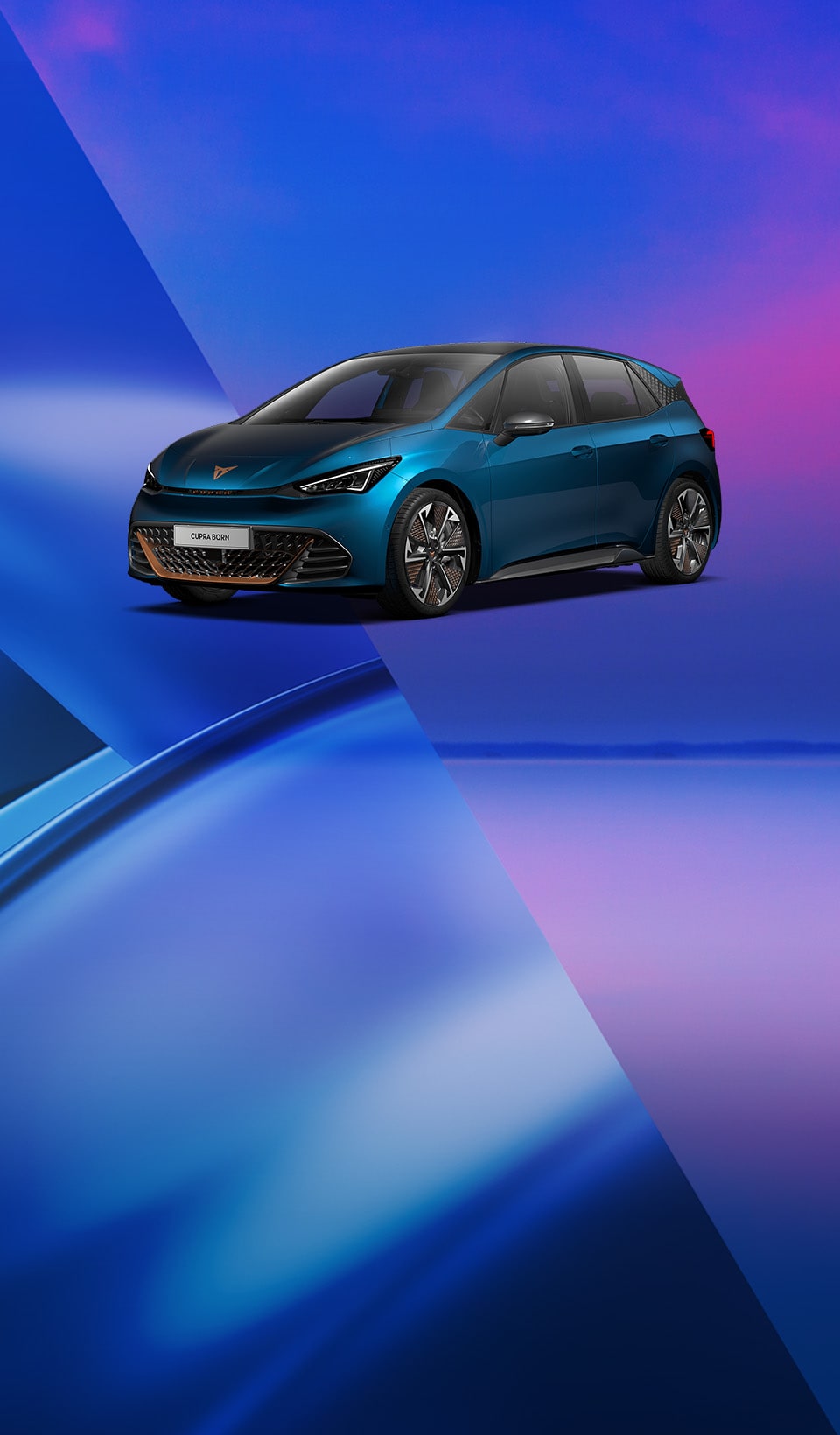 A CUPRA Born on a blue, pink and purple abstract background