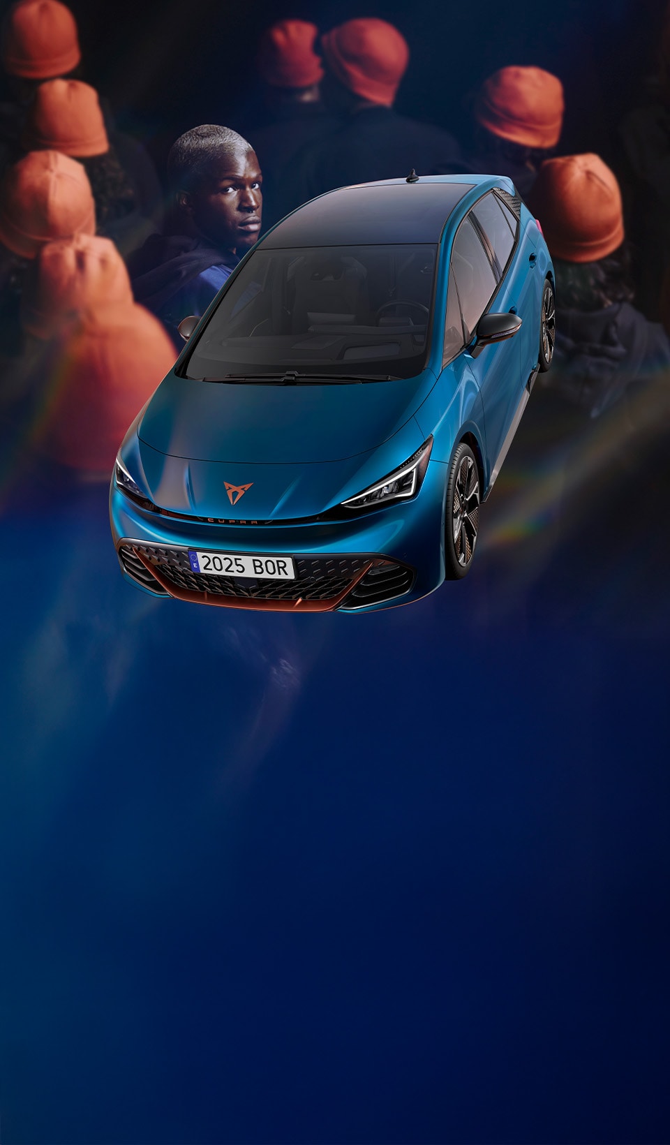 A man standing next to a CUPRA Born whilst over his shoulder