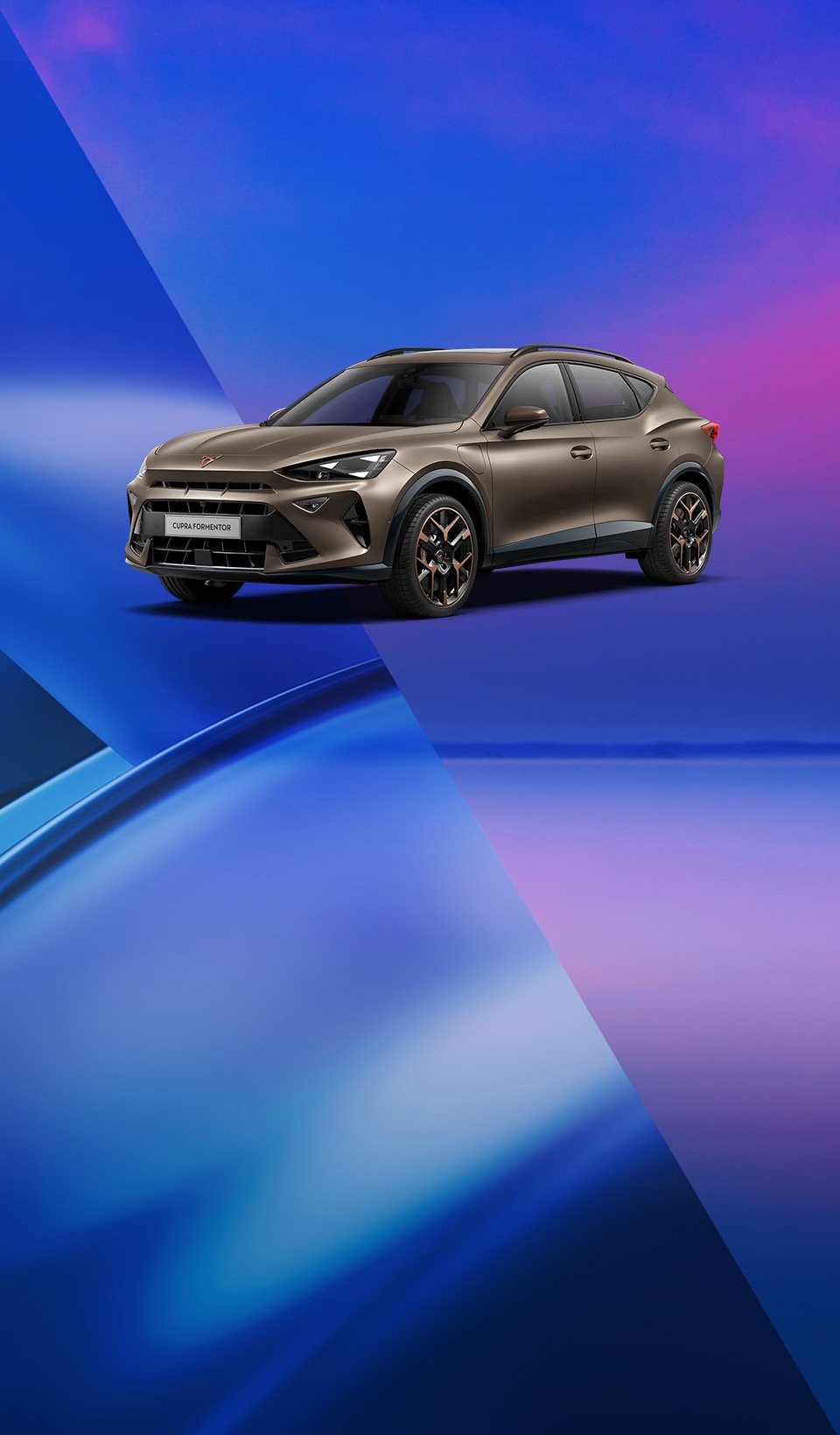 A CUPRA Formentor on a blue, purple and pink abstract background