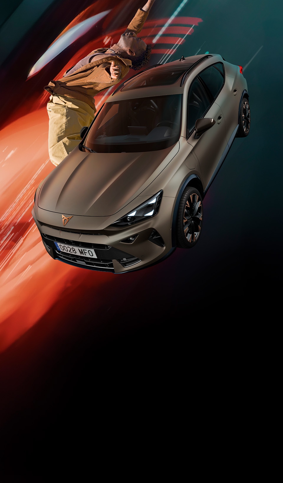 A CUPRA Formentor and a person stretching next to it