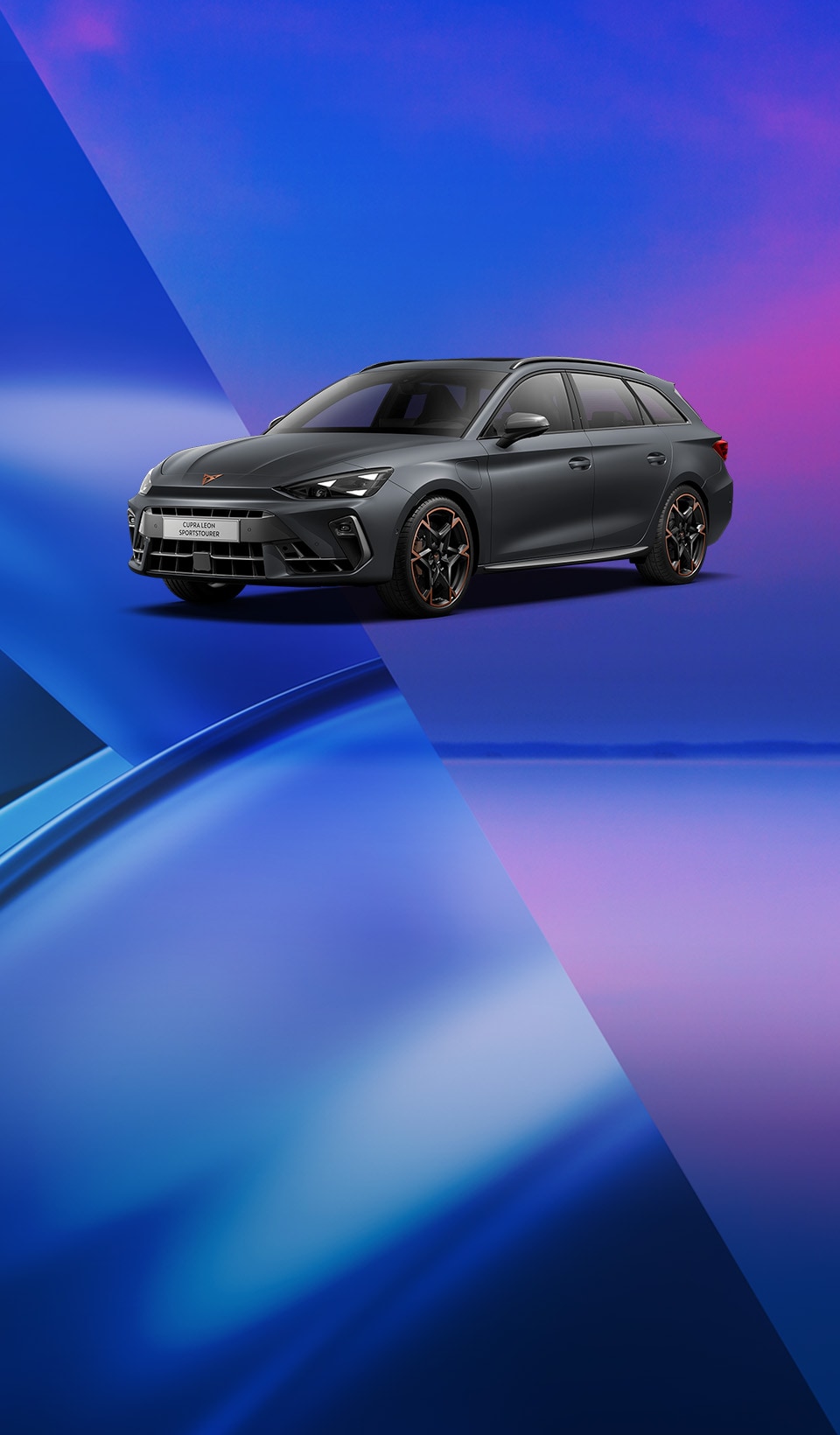 A CUPRA Leon Estate on a blue, pink and purple abstract background