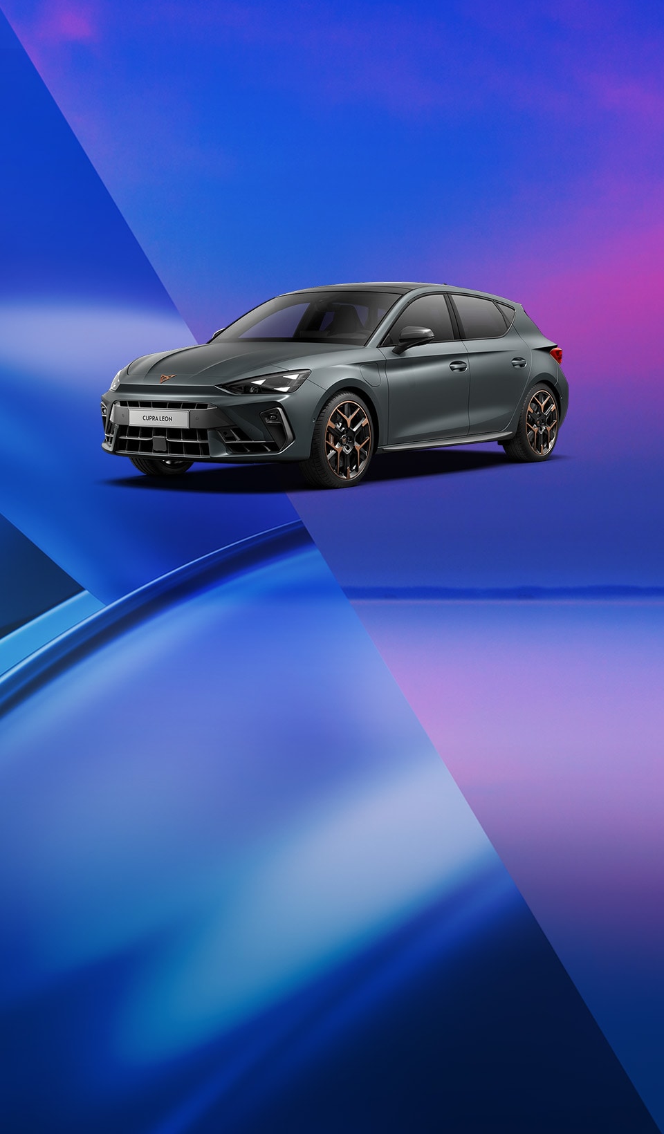 A CUPRA Leon on a purple, pink and blue abstract background