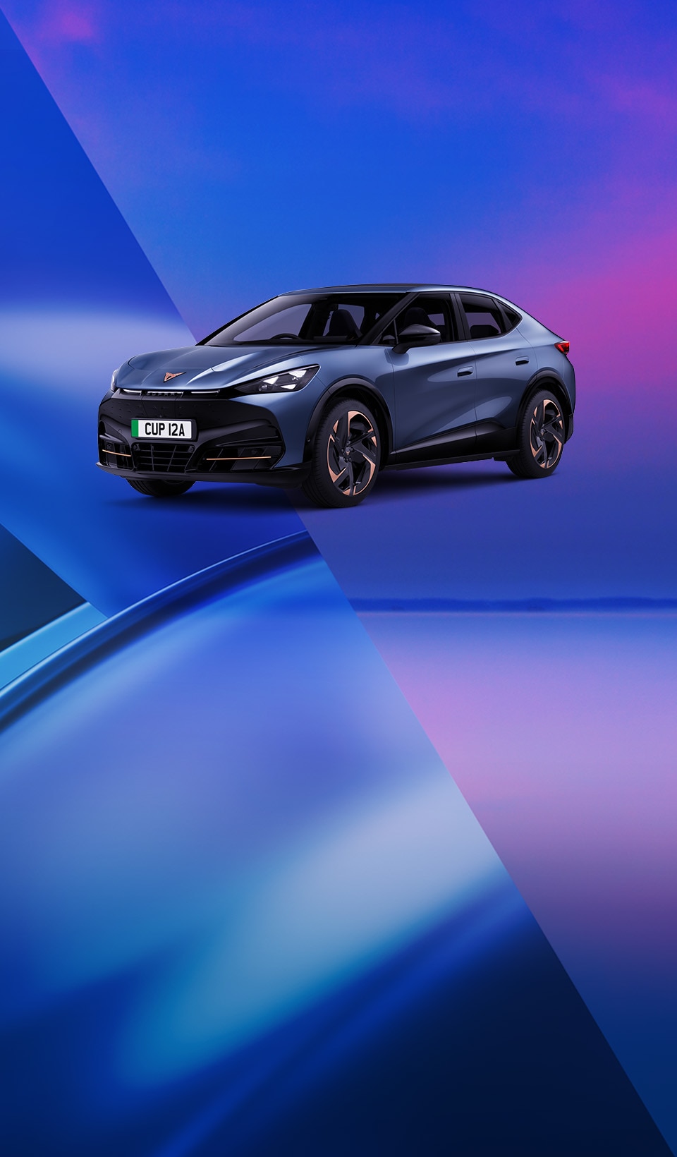 A CUPRA Tavascan on a blue, pink and purple abstract background