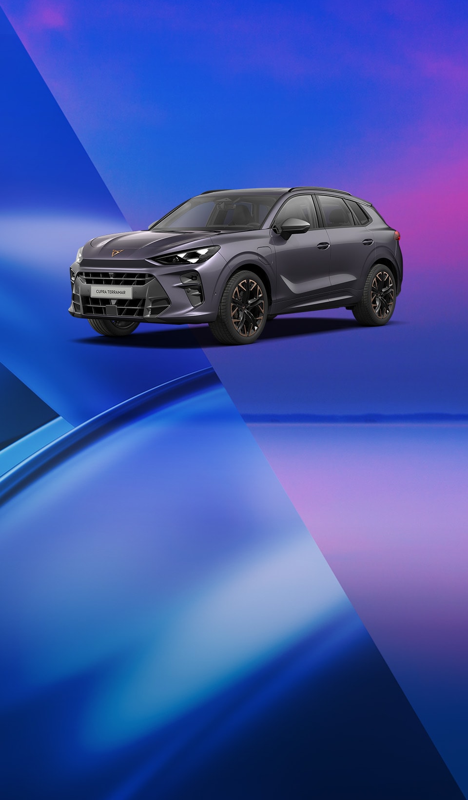 A CUPRA Terramar on a blue, purple and pink abstract background