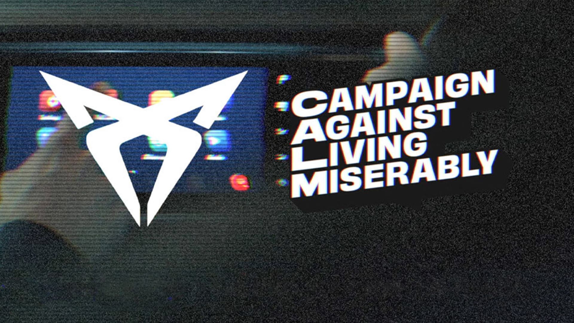 A CUPRA logo and a Campaign Against Living Miserably logo. In the background a hand touching an infotainment screen