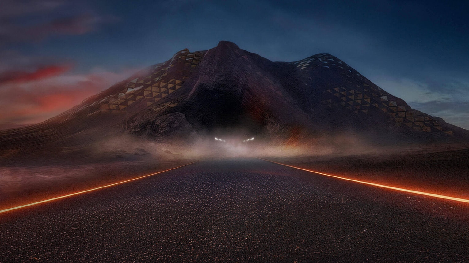 a dark mountain against a moody blue sky and emerging from the mountain see headlights of a CUPRA shining