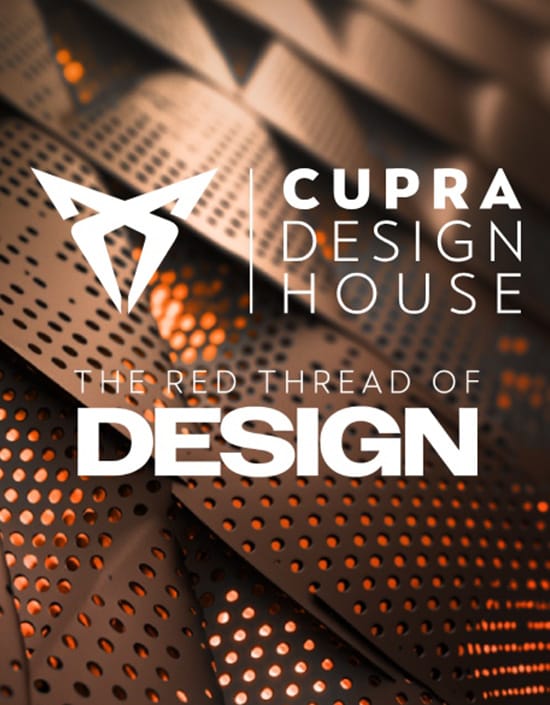 close up of black leather interior with red thread. text reads CUPRA DESIGN HOUSE