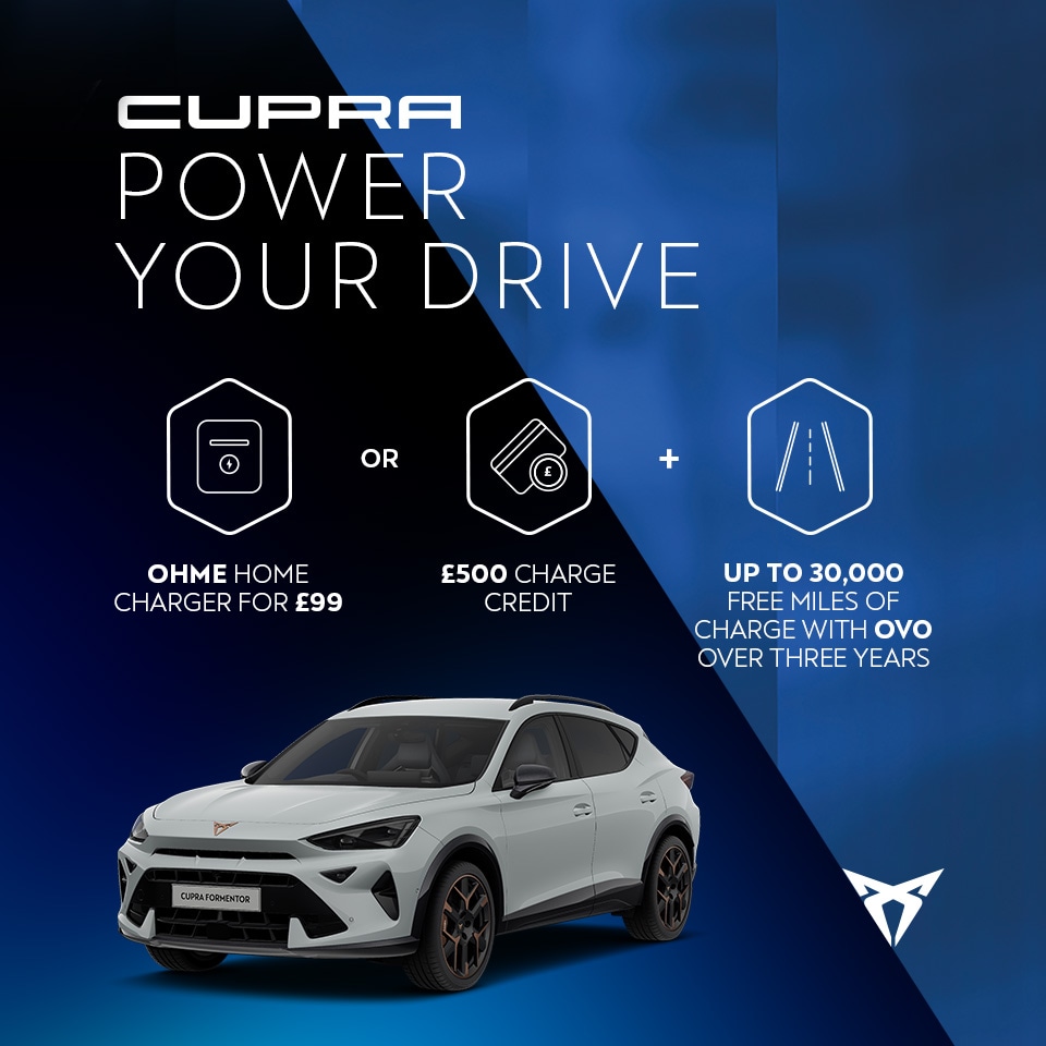 A white CUPRA Formentor. Text reads: Ohme home charger for £99 or £500 charge credit, plus up to 30,000 free miles of charge with OVO over three years, highlighted with icons.