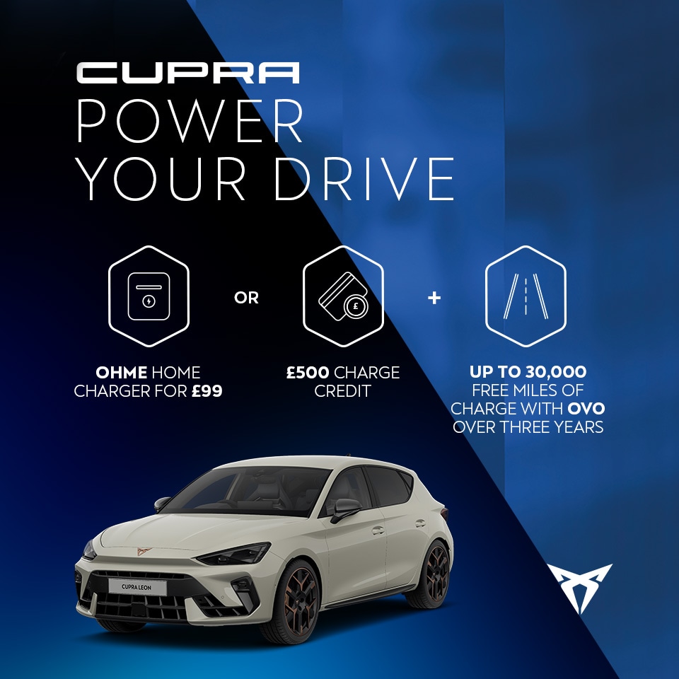 A white CUPRA Leon. Text reads: Ohme home charger for £99 or £500 charge credit, plus up to 30,000 free miles of charge with OVO over three years, highlighted with icons.