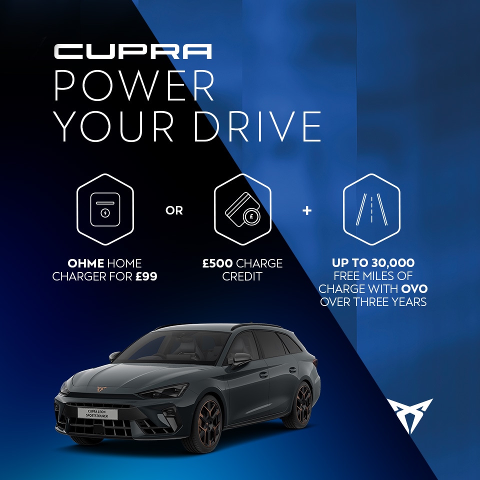 A CUPRA Leon Estate. Text reads: Ohme home charger for £99 or £500 charge credit, plus up to 30,000 free miles of charge with OVO over three years, highlighted with icons.
