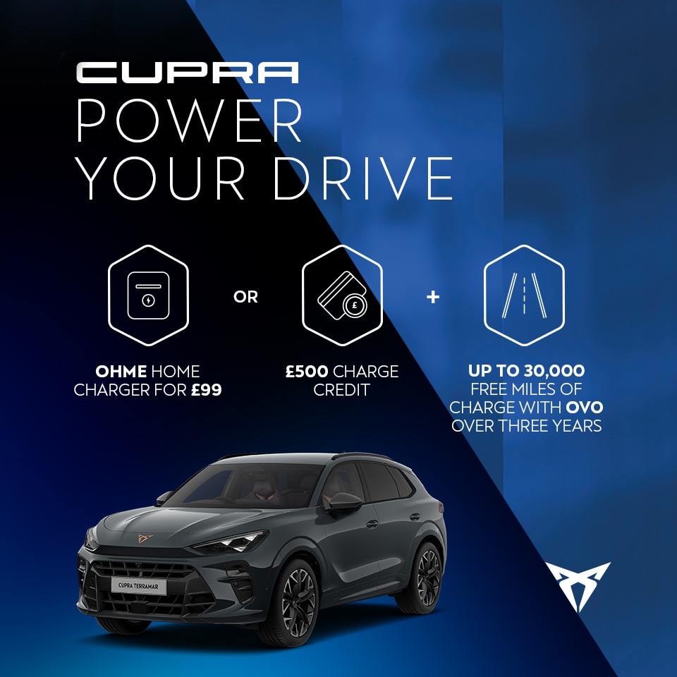 A CUPRA Terramar. Text reads: Ohme home charger for £99 or £500 charge credit, plus up to 30,000 free miles of charge with OVO over three years, highlighted with icons.