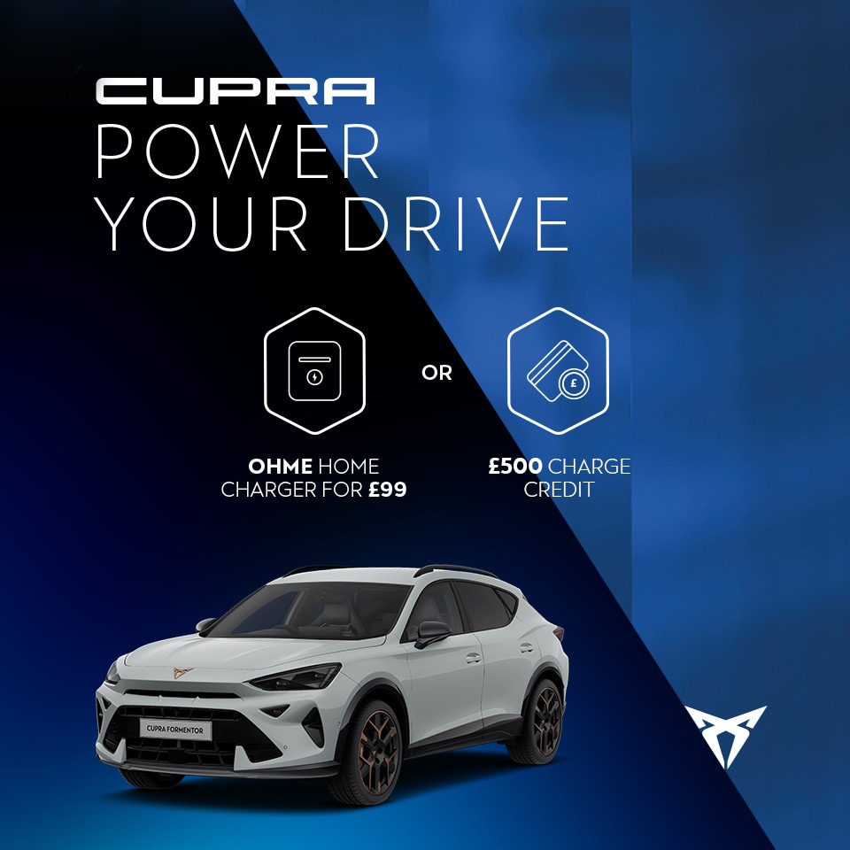 A white CUPRA Formentor. Text reads: Ohme home charger for £99 or £500 charge credit, plus up to 30,000 free miles of charge with OVO over three years, highlighted with icons.