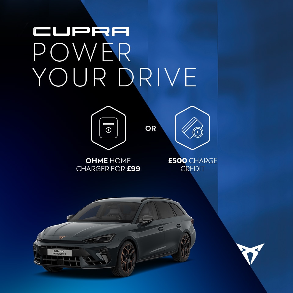 A CUPRA Leon Estate. Text reads: Ohme home charger for £99 or £500 charge credit, plus up to 30,000 free miles of charge with OVO over three years, highlighted with icons.