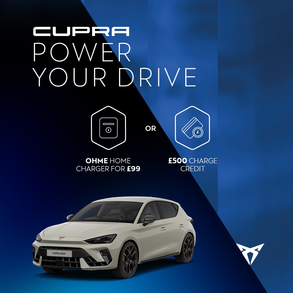 A white CUPRA Leon. Text reads: Ohme home charger for £99 or £500 charge credit, plus up to 30,000 free miles of charge with OVO over three years, highlighted with icons.