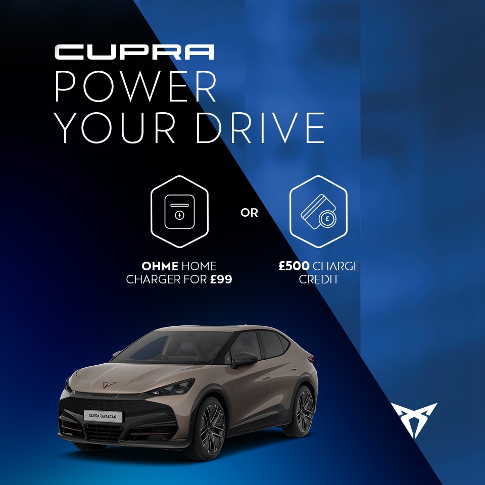 A CUPRA Tavascan all-electric car. Text reads: Ohme home charger for £99 or £500 charge credit, plus up to 30,000 free miles of charge with OVO over three years, highlighted with icons.