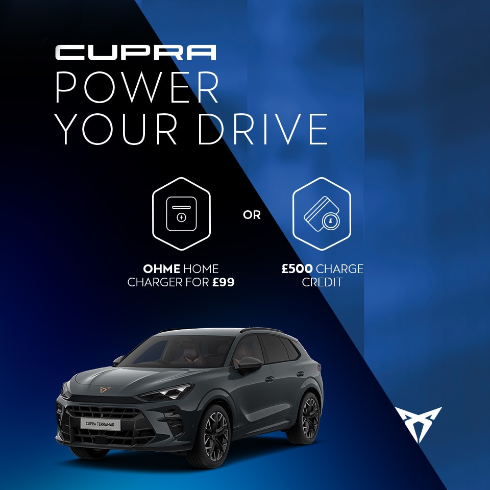 A CUPRA Terramar. Text reads: Ohme home charger for £99 or £500 charge credit, plus up to 30,000 free miles of charge with OVO over three years, highlighted with icons.