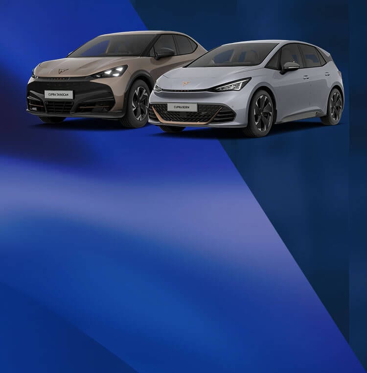 A CUPRA Born and a CUPRA Tavascan on a blue background