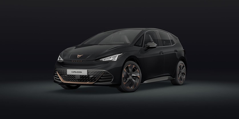 A black CUPRA Born on a dark background