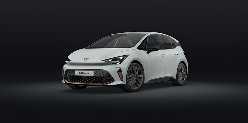 A white new CUPRA Born 2026 on a dark background