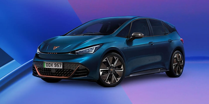 A CUPRA Born on a purple and blue background