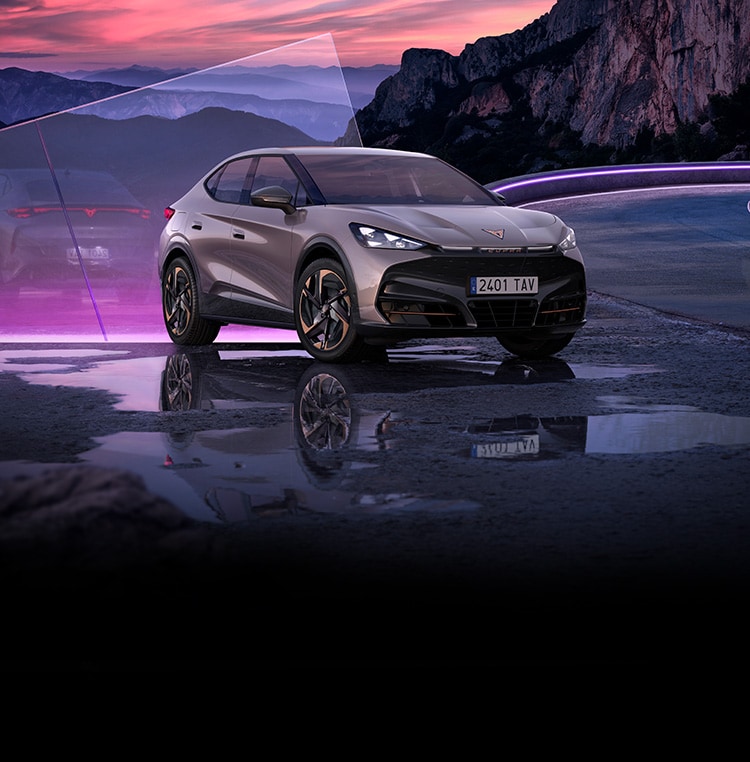 A CUPRA Tavascan parked on a wet road with purple neon light in the background
