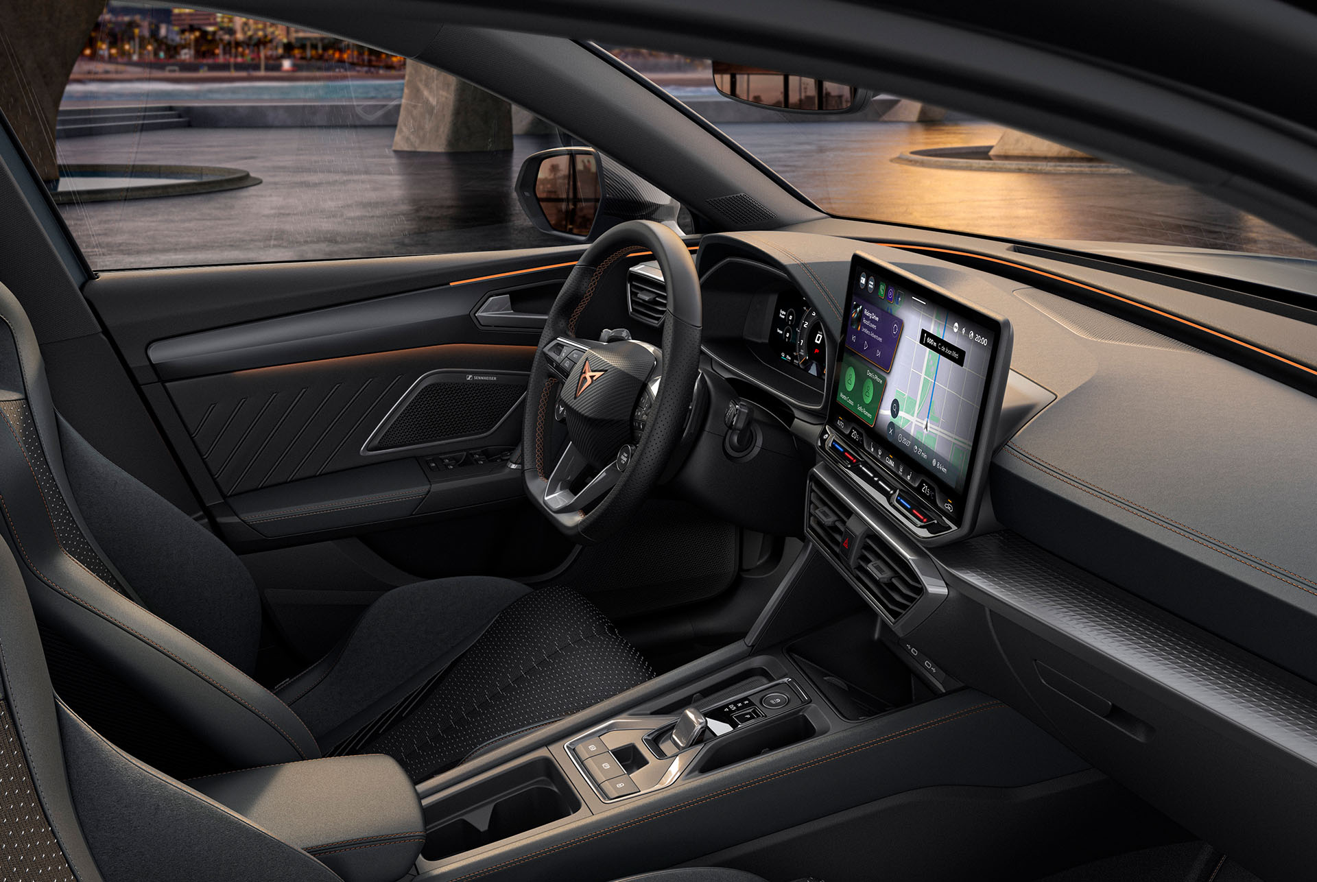 CUPRA Leon car interior, infotainment screen, bucket seats, passenger and driver seat.