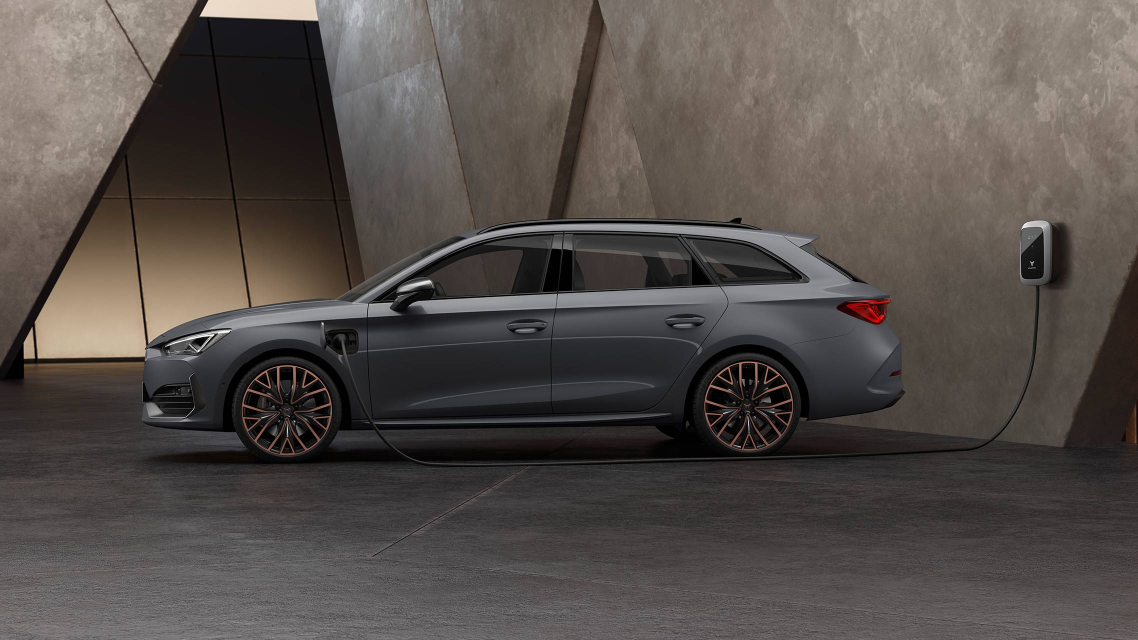 new CUPRA Leon Estate e-HYBRID Family Sports Car in graphene grey with electric range of up to 6km and 3 hours charging time