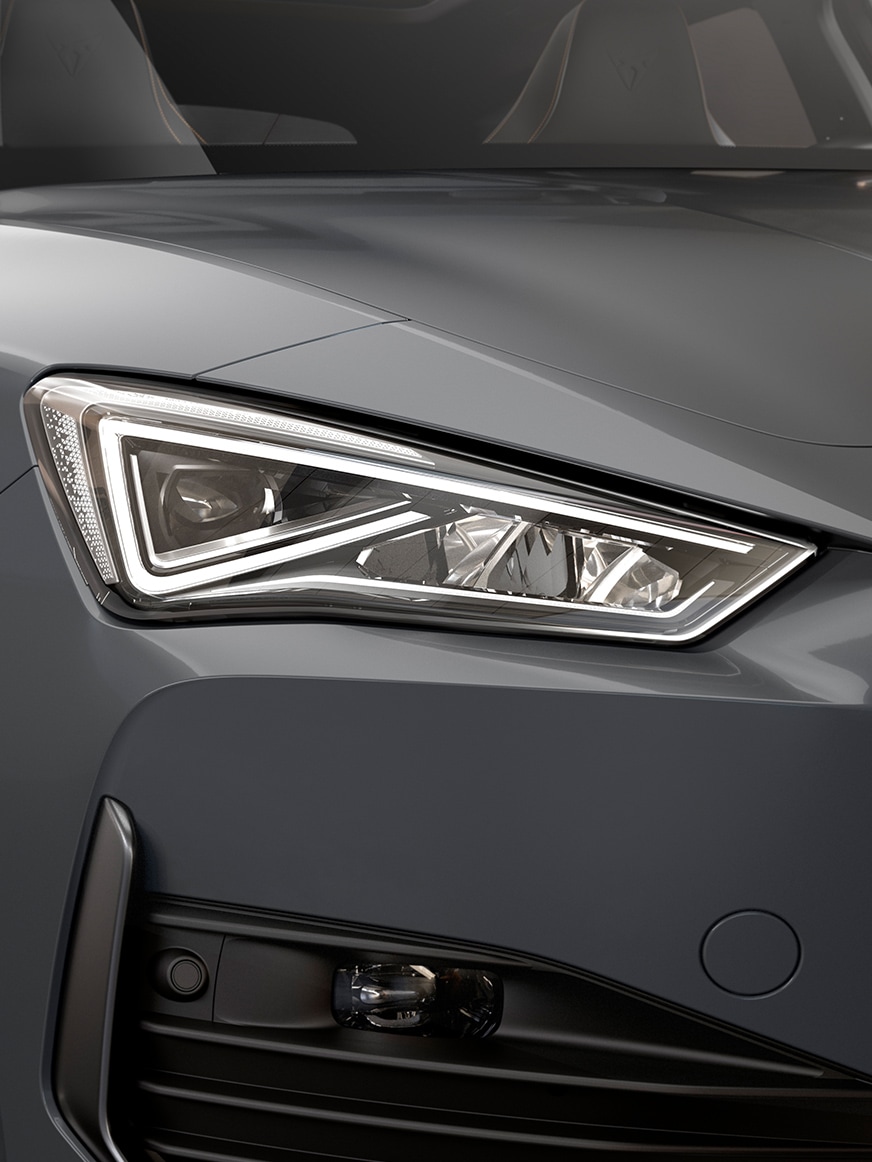LED headlight of the new CUPRA Leon Estate e-HYBRID Family Sports Car in graphene 
