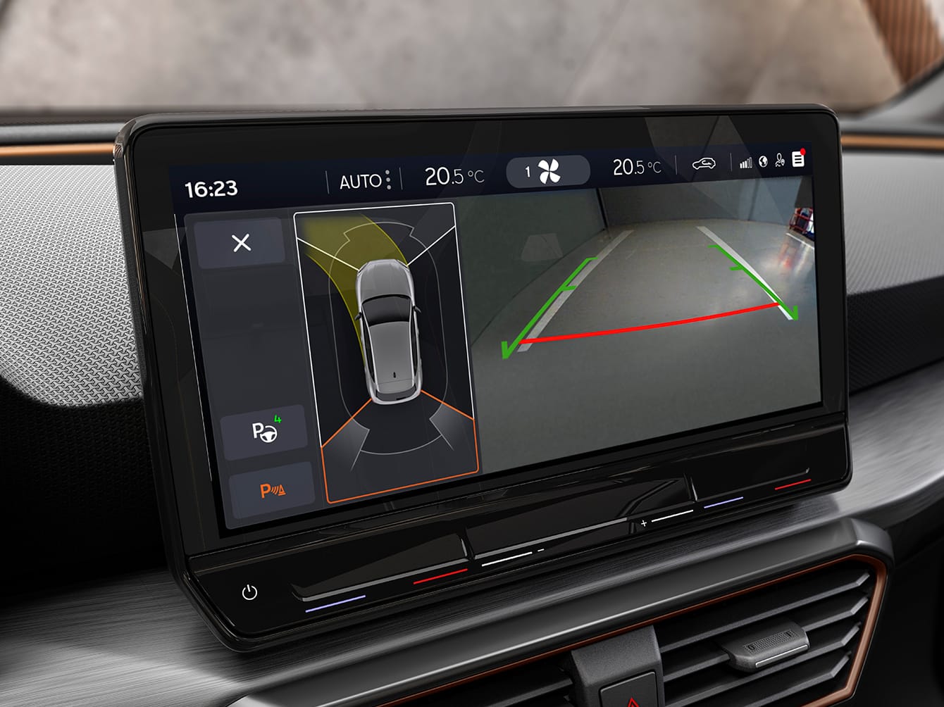 Autonomous parking of the new CUPRA Leon five doors e-hybrid compact sports Car interior view