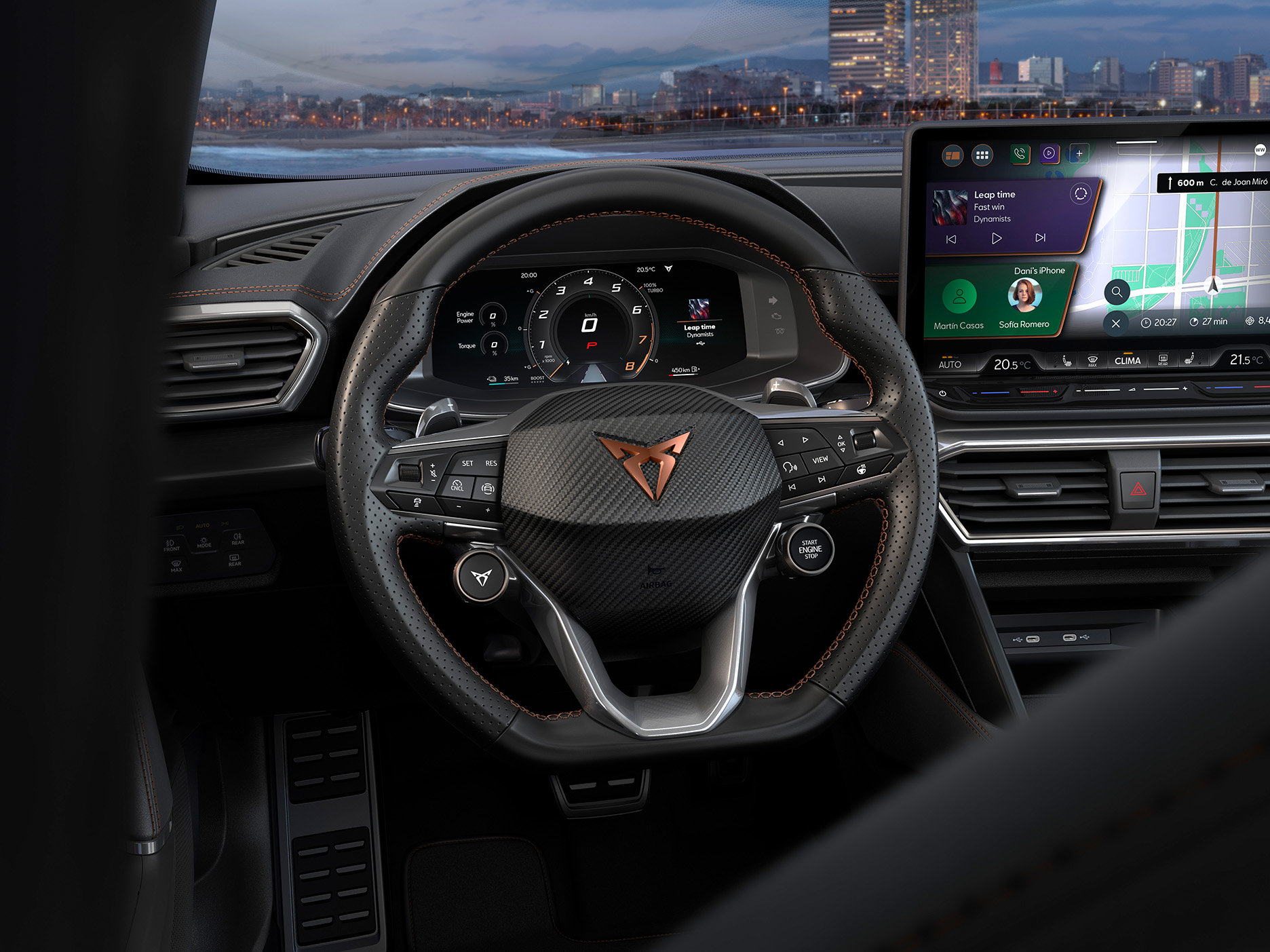 Close‑up of the CUPRA Formentor’s cockpit with a driver‑oriented layout, highlighting the steering wheel and the touchscreen.