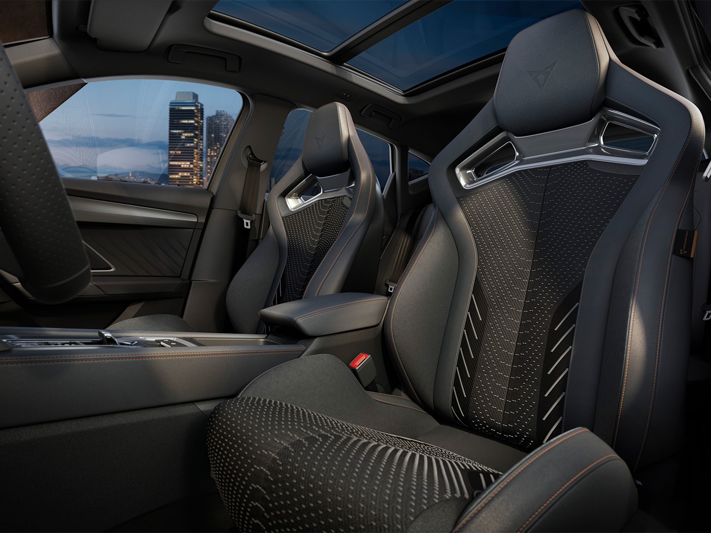 CUPRA Formentor 2026 extreme interior design, cockpit and drivers' area, performance brakes, CUP bucket seats and dark chrome interior mouldings. Includes intelligent drive, pure performance and immersive by Sennheiser™ upgrades.