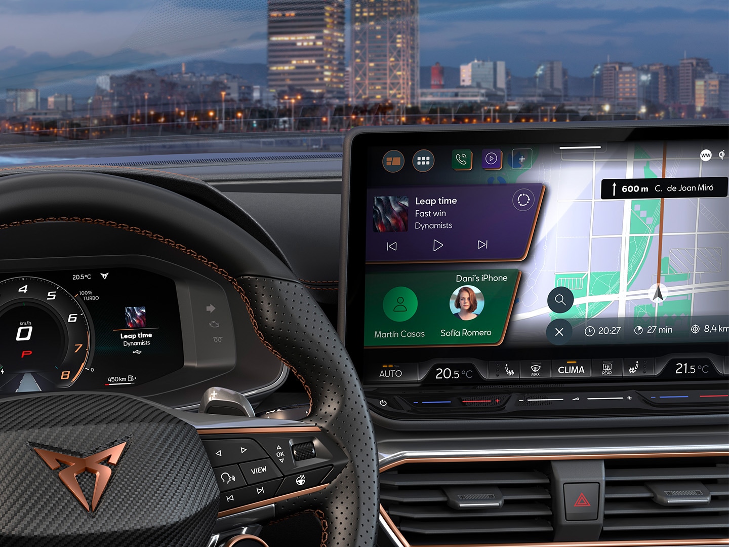 Close up of CUPRA Formentor 2026 dynamic display, copper logo, adaptive cruise control, pre-crash and lane keeping system. Includes intelligent park assist, drowsiness assist, side assist, speed limiter and a top view camera.   