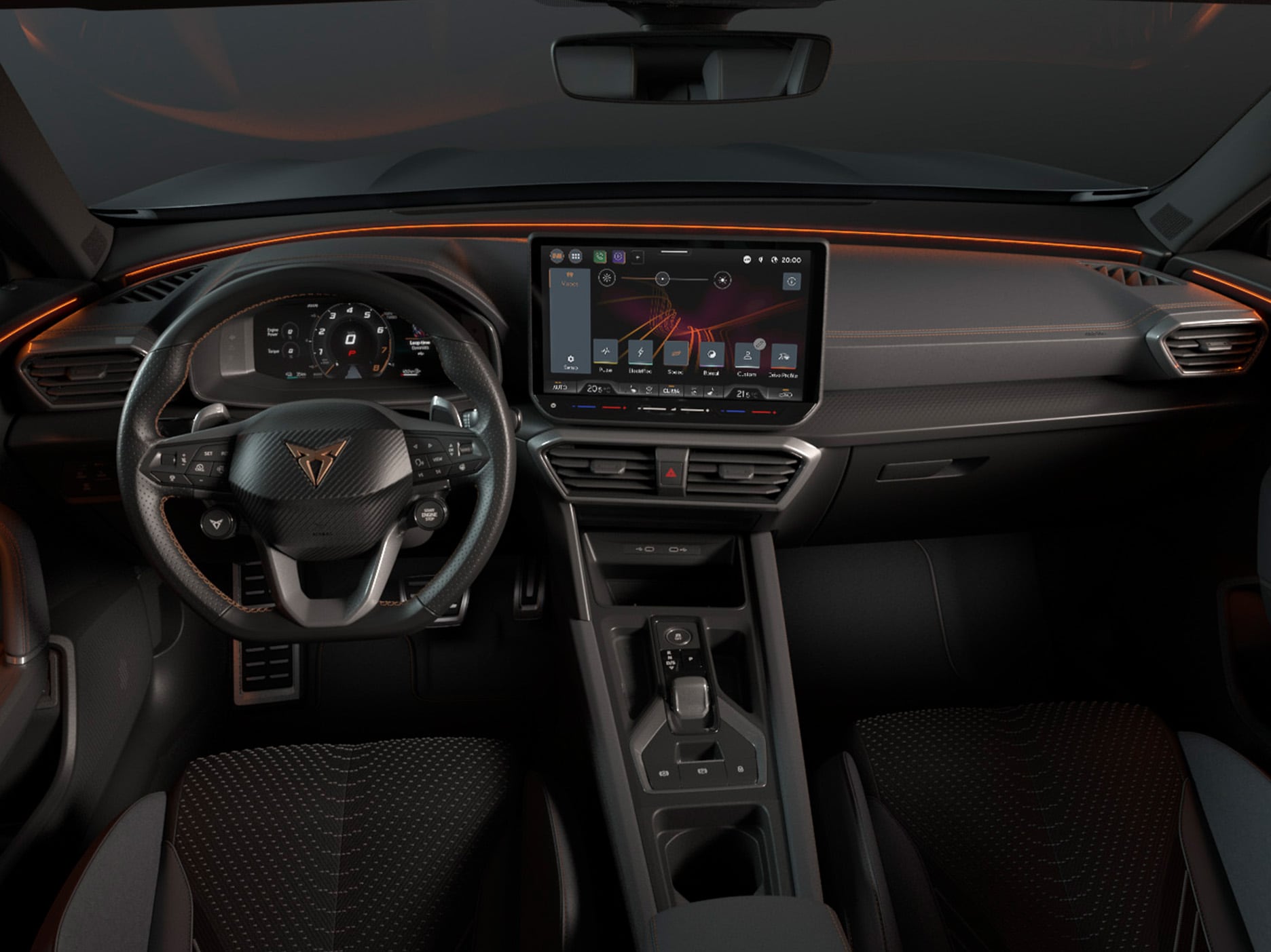 Interior shot of the CUPRA Formentor that highlights the wraparound led interior lighting among other details.