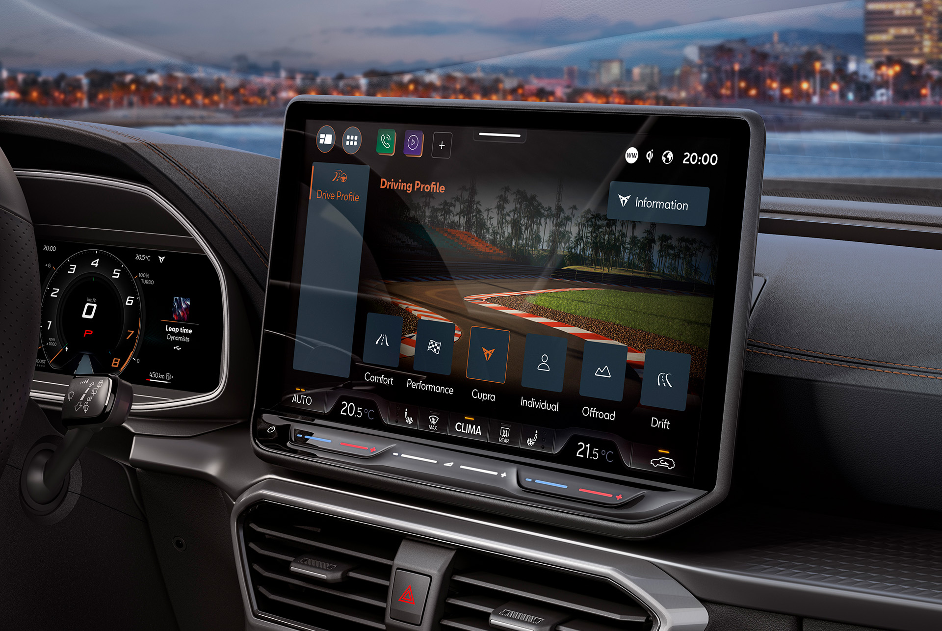 Dashboard view of the CUPRA Formentor 2026 and skyline.