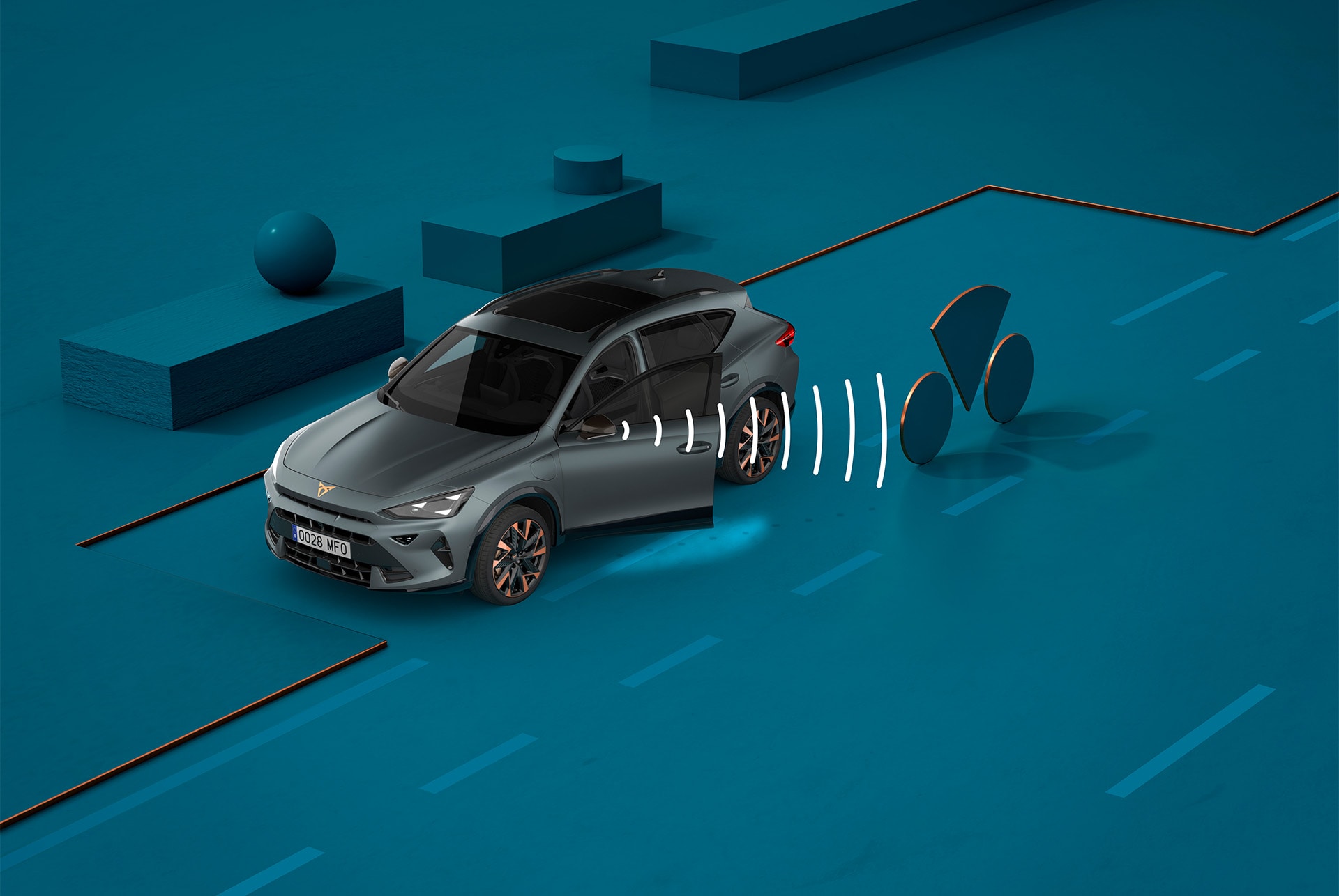 How to use CUPRA Formentor 2026 exit warning system, visual demo with shapes and blue background.