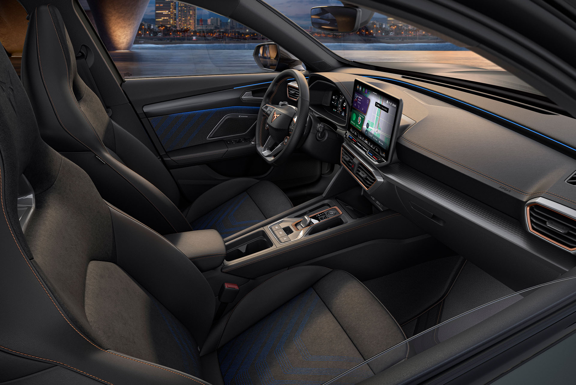 Angle, side shot of the driver and passenger electric bucket seats, crafted from 73% recycled vegan microfibre. These seats are part V2 trims for the CUPRA Formentor.