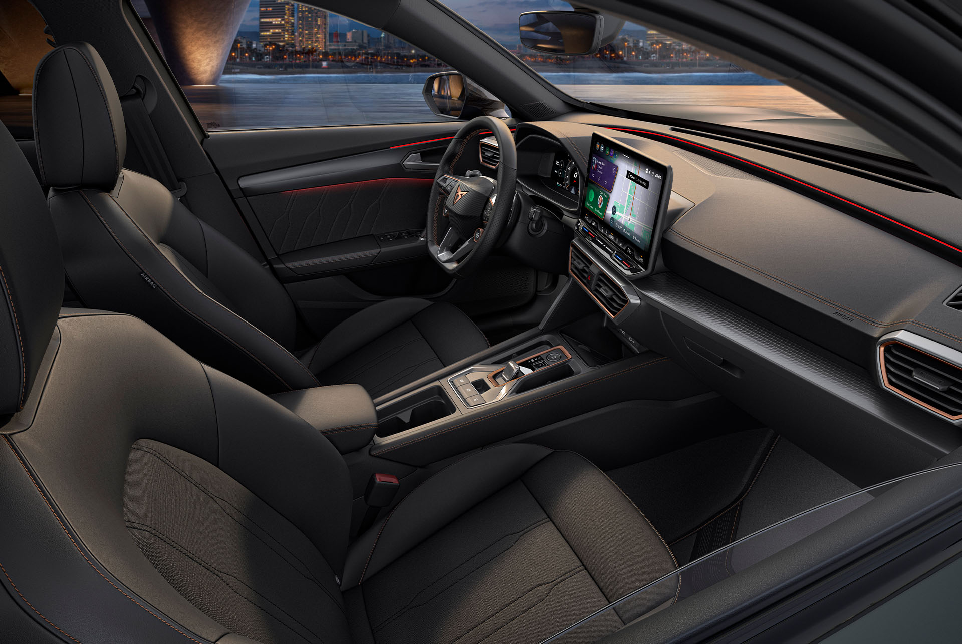 Angle, side shot of the V1 driver and passenger seats of the CUPRA Formentor, showcasing a sharp, yet minimal finish.