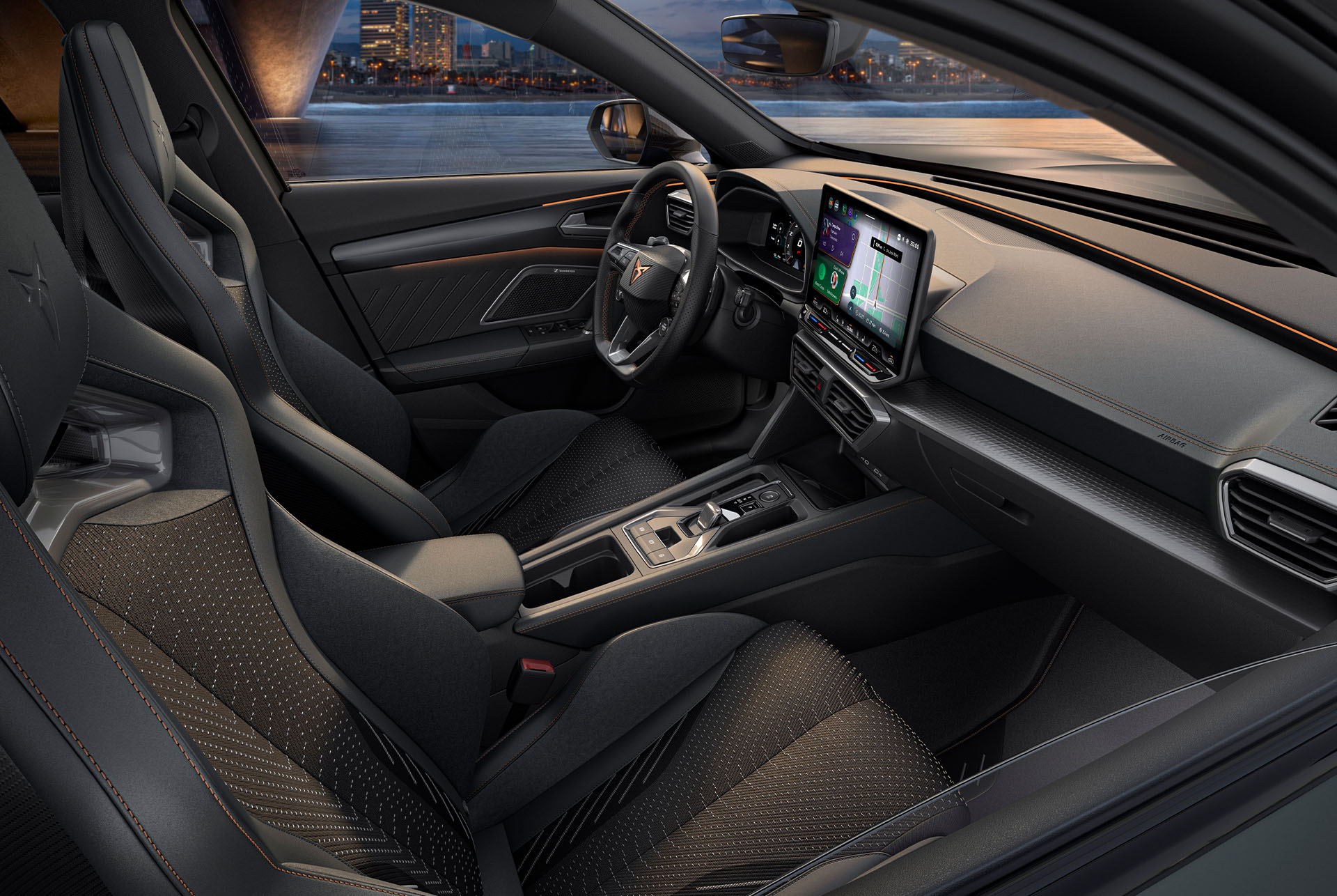 The VZ3 CUPRA Formentor, includes a sporty cockpit with CUP bucket seats crafted with technical fabrics and lateral support, as seen in the image.