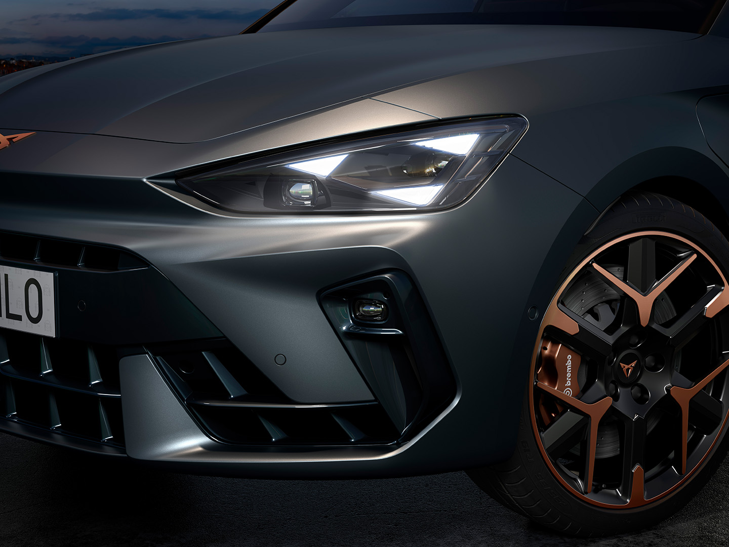 Front close-up of the CUPRA Leon, which includes CUPRA Matrix LEDs.