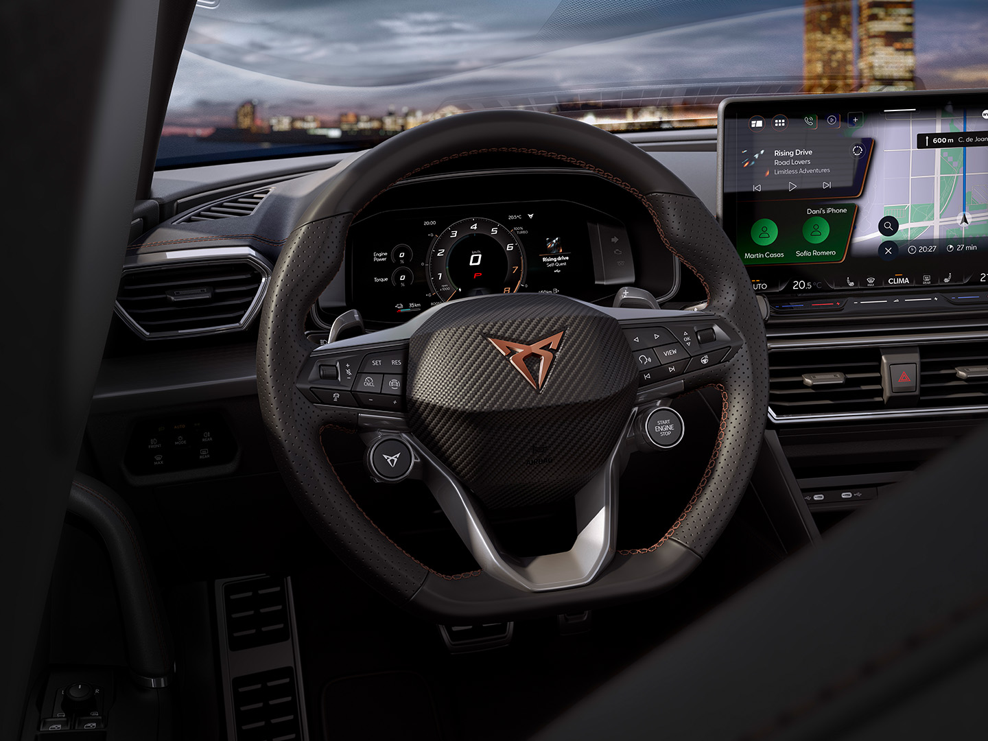 Interior details of the CUPRA Leon, such as the steering wheel or the infotainment system, which include Park Assist, Pre-Crash and Lane Keeping. other features from the Intelligent Drive Pack.