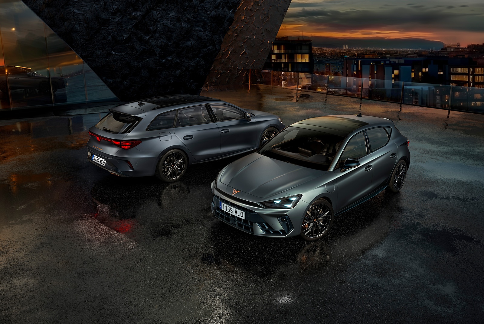 Two parked CUPRA Leon SP: one showcasing the front and the other, the rear part.