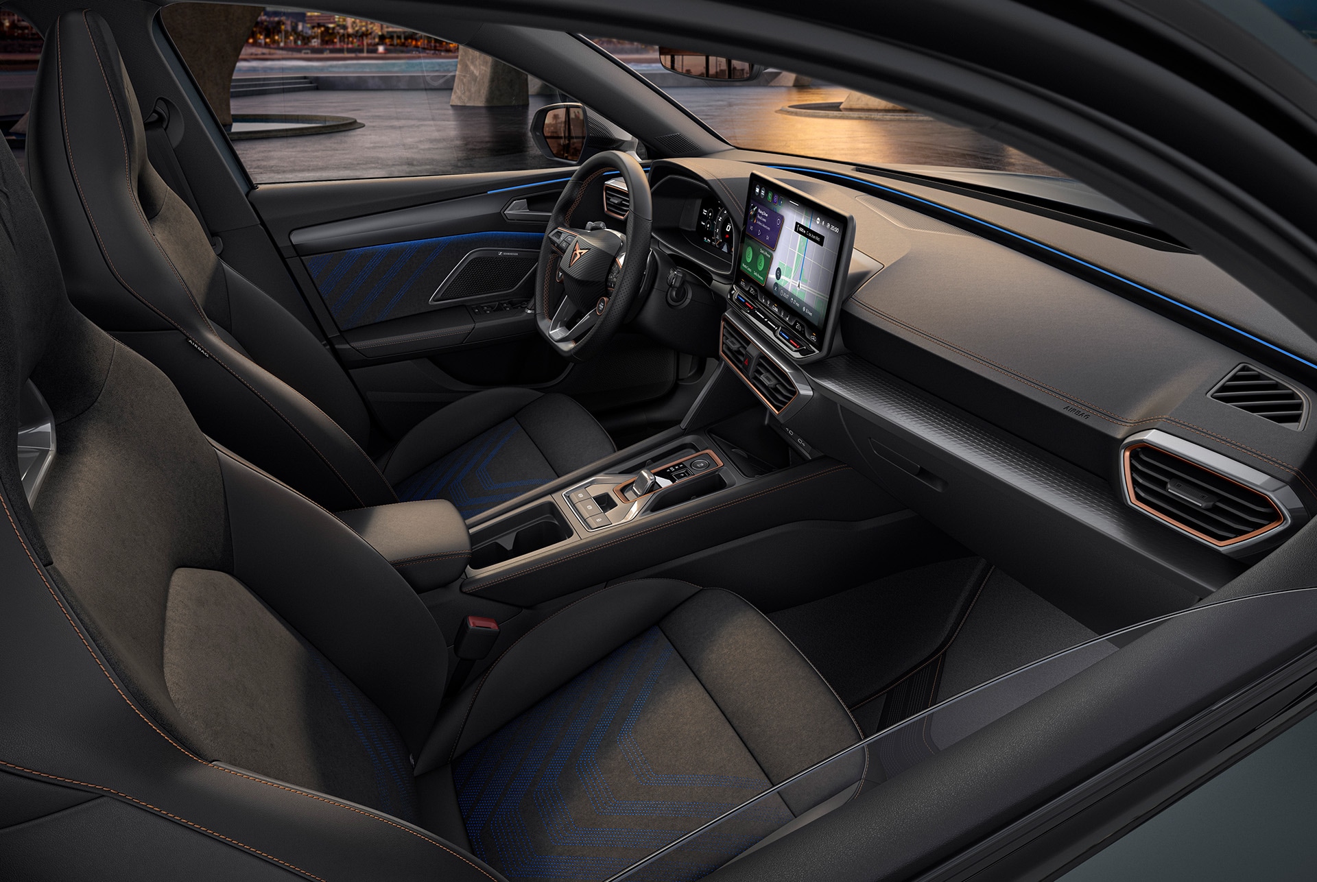 CUPRA Leon Estate dynamic interior design, bucket seats made from recycled vegan microfibre material, electric memory functions and heating settings.